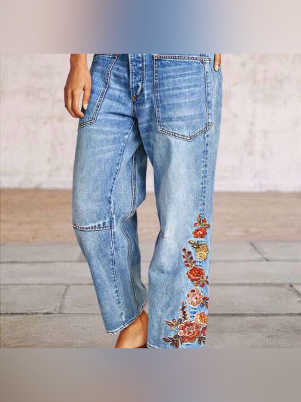 Flamingals Embroidered Floral Light Blue Barrel Jeans - Picture 3 of 10